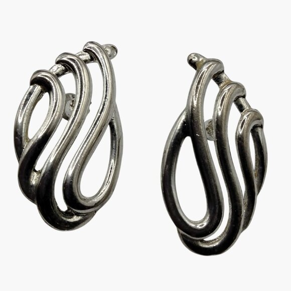 Abstract Wave Design Earrings Silver Toned Pierced Post Art Deco Open Work Swirl - Picture 2 of 5